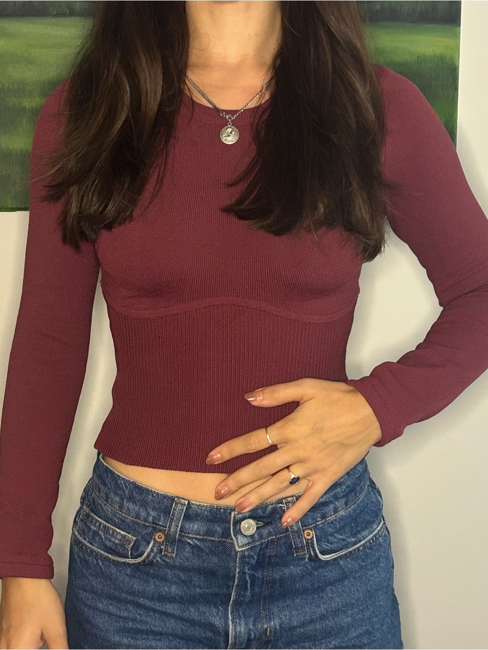 Aritzia Ribbed Long-Sleeve Crop Top - Wine